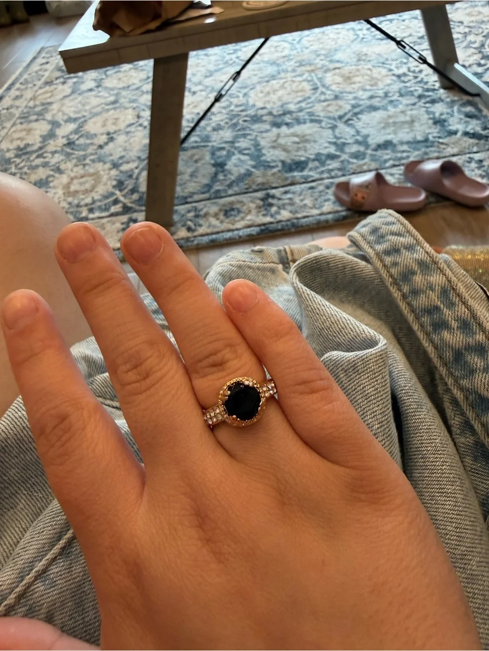 Gold Ring with Black Center Stone and Pavé Band - Size 8